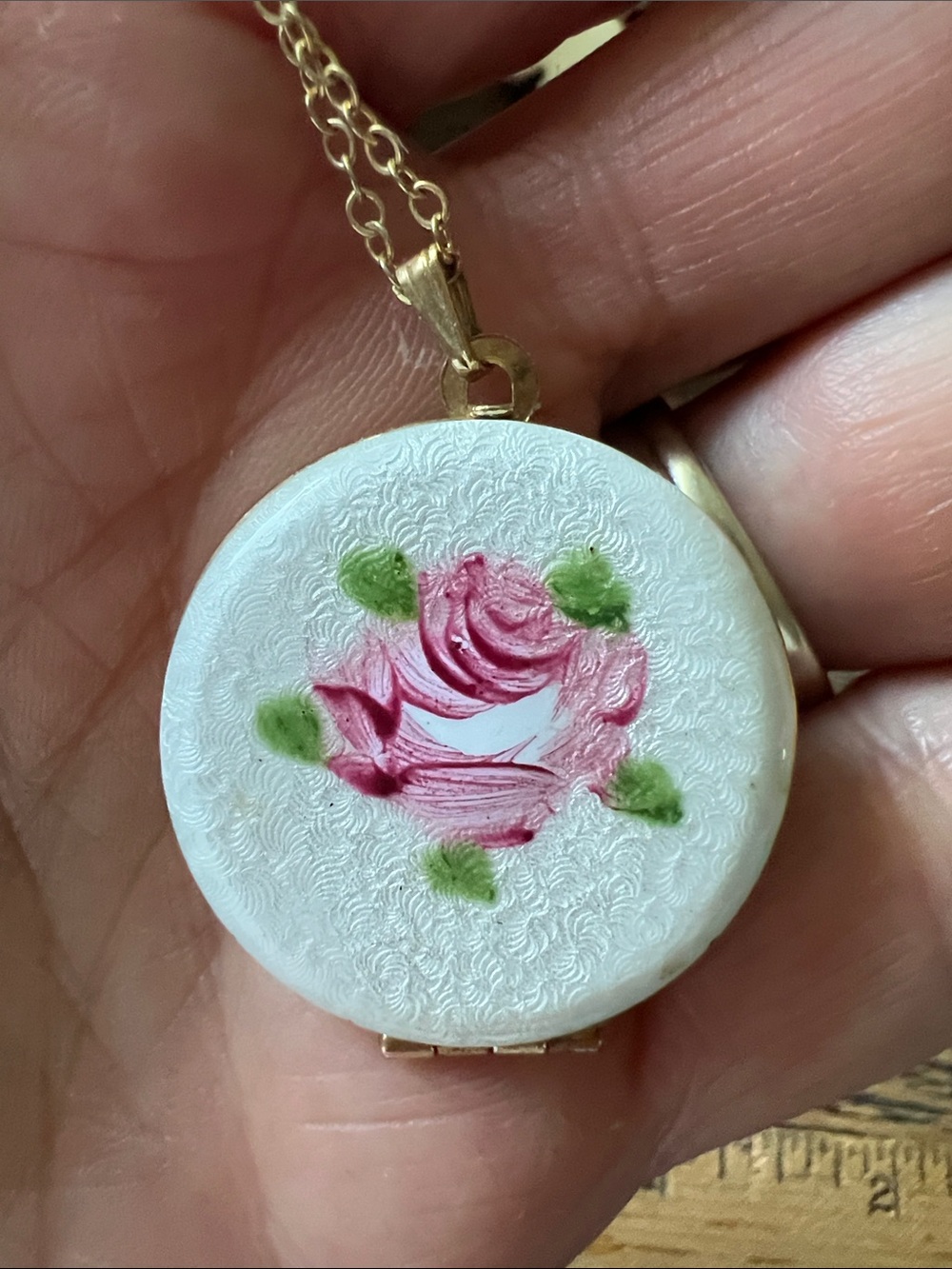 1950s Guilloche Enamel Rose Locket Pendant Necklace 14”